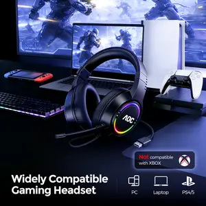 AOC Gaming Headset, Black Wired Gaming Headphones with 50mm Drivers, RGB USB Corded Headphone for PC/Laptops, Over Ear Headset with Mic for PS4/PS5/NS Switch(Docked Mode), ACG2510