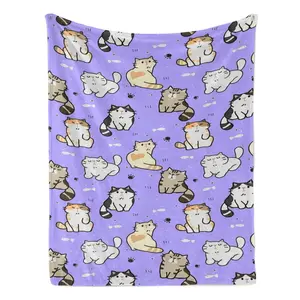 Cute Kawaii Cat Lover Gift Soft Cozy Flannel Blanket - Purple Cartoon Cat Print Plush Throw, Warm Fuzzy Bedroom Sofa Blanket, Perfect Gift for Cat Mom Women Girls Kids Birthday Holiday Home Decor