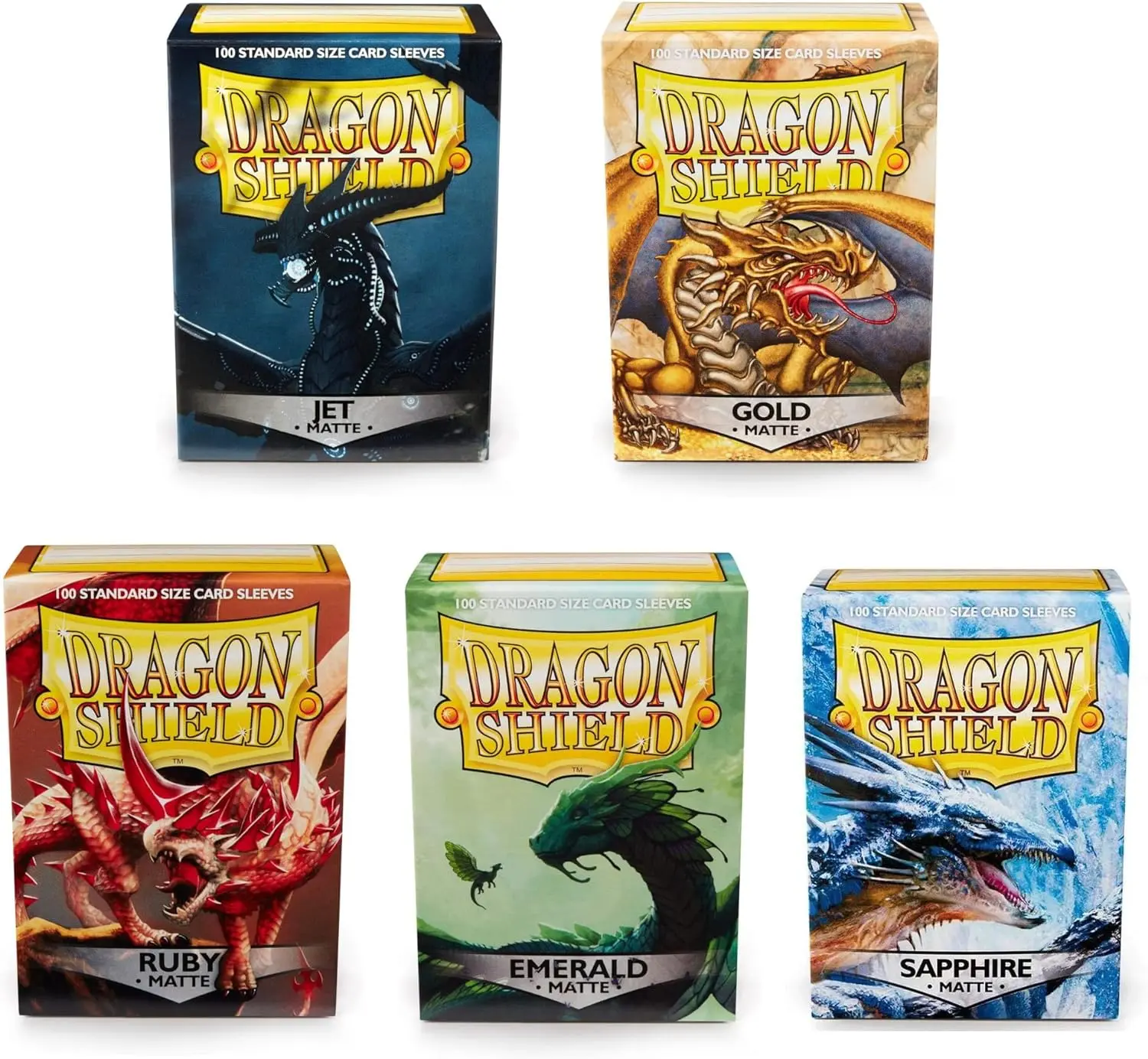 Dragon Shield Set of 5 Standard Size Card Sleeves Pack - Gold, Jet, Emerald, Ruby, Sapphire - MTG Ready Sleeves Guaranteed to Keep Cards in Perfect Condition 5 x 100 Sleeves