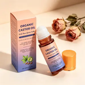 Organic castor oil with rose quartz roller, cold pressed pure hexane-free oil nourishes and repairs skin, hair and body gently daily