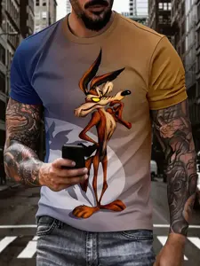 Cartoon Character Print Short Sleeve T-Shirt, Men's Round Neck Fashion Casual Top, Summer Trendy Unique Print T-Shirt