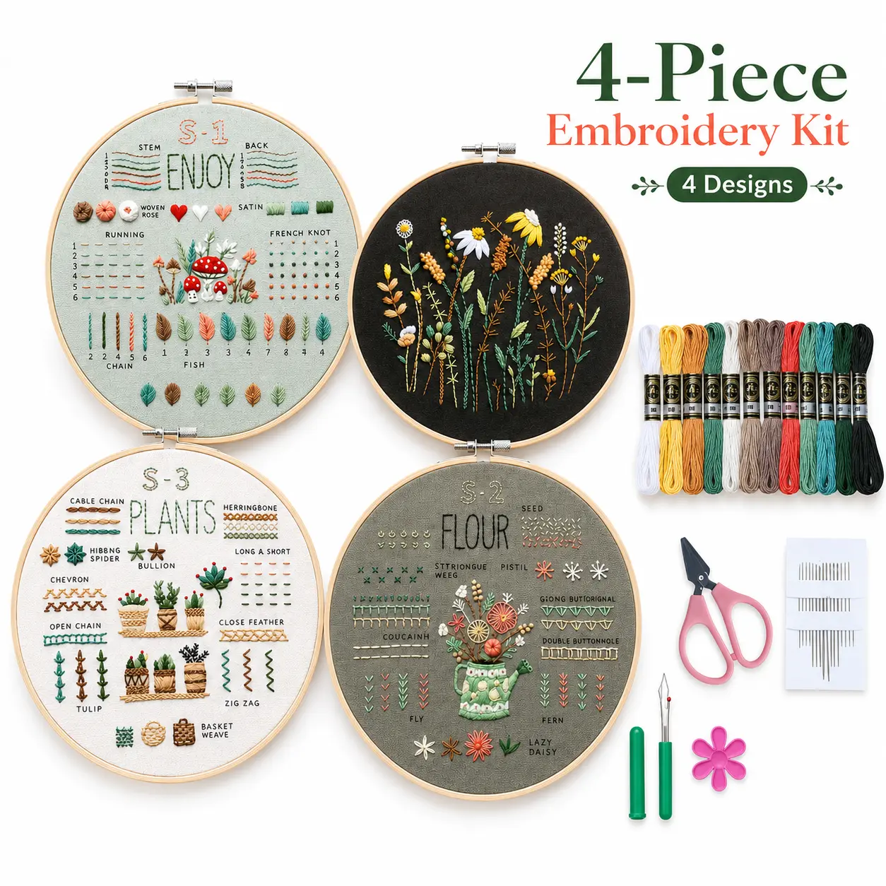 4 Pack Embroidery Kit for Beginners, Floral Cross Stitch Starter Set with Hoops, Mixed Color Threads, Needles and Tools, DIY Needlepoint Arts and Crafts Gift for Adults handmade