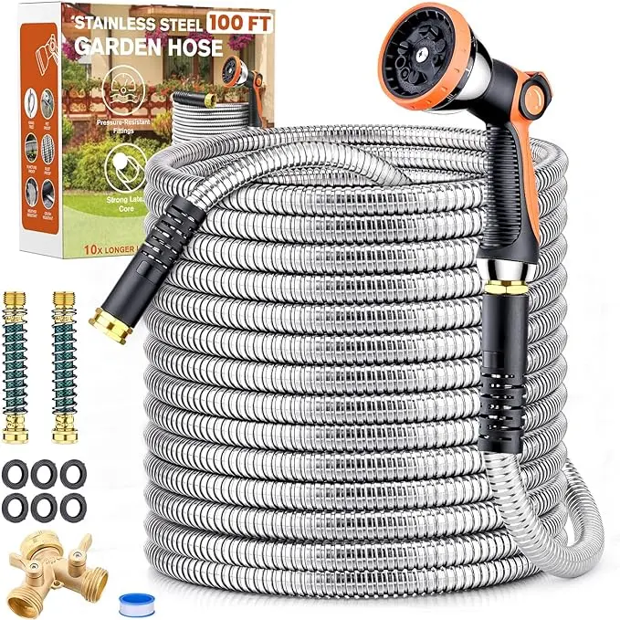 Metal Garden Hose 100ft, Yumatum 304 Stainless Steel Water Hose With 2 Hose Extension Adapter, 2-Ways Hose Splitter and 10-Function Nozzle, 3/4'' Fittings, No Tangle & Kink for Outdoor