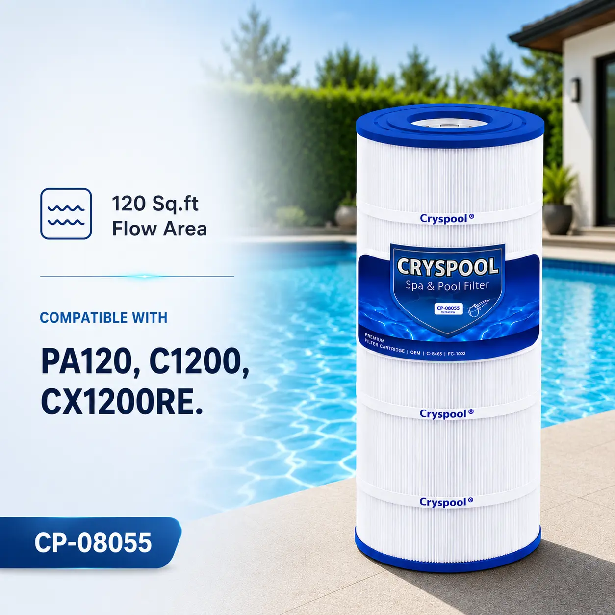 C1200 Filter Compatible with Hayward PA120, C1200, CX1200RE,C-8412, Ultra-B2, FC-1293, Clearwater II 125, 817-0125N, 120 Sq. Ft Pool Filter Cartridge, 1 Pack