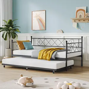 Heart-Shaped Headboard Twin Metal Daybed with Trundle - Sturdy Steel Slat Support - Space-Saving Sofa Bed for Living Room, Bedroom, Guest Room - Easy Assembly