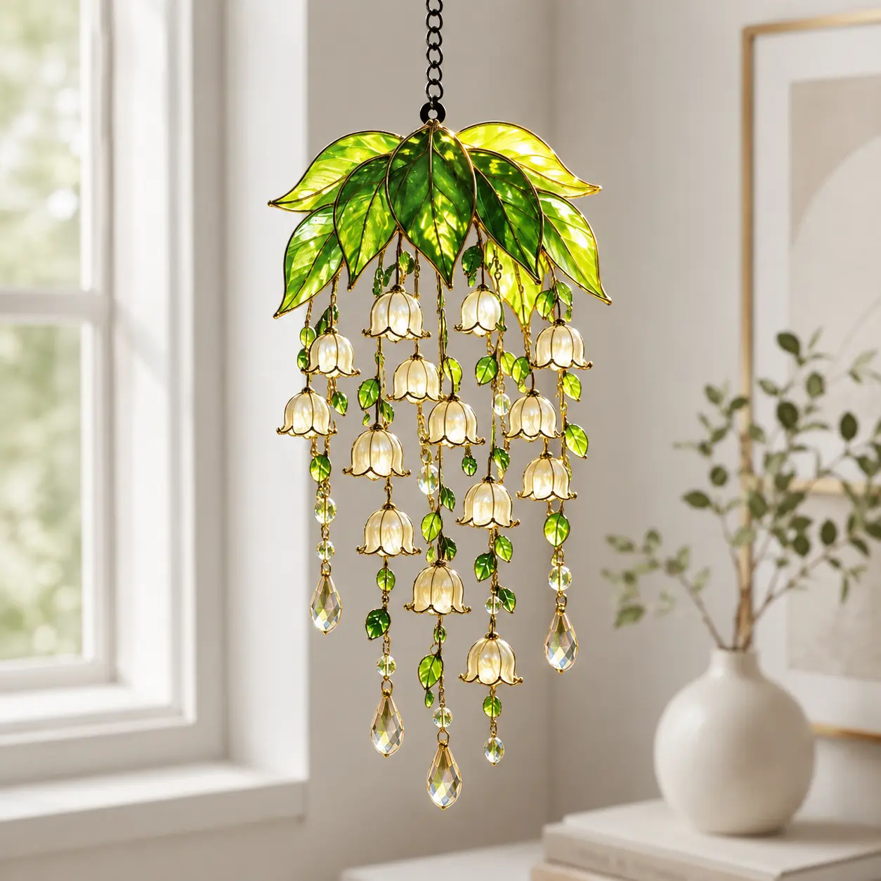 Lily of the Valley Acrylic Chandelier Suncatcher - Hanging Floral Wind Chime Ornament, Crystal Prism Light Catcher, Elegant Spring Garden Decor Gift for Her