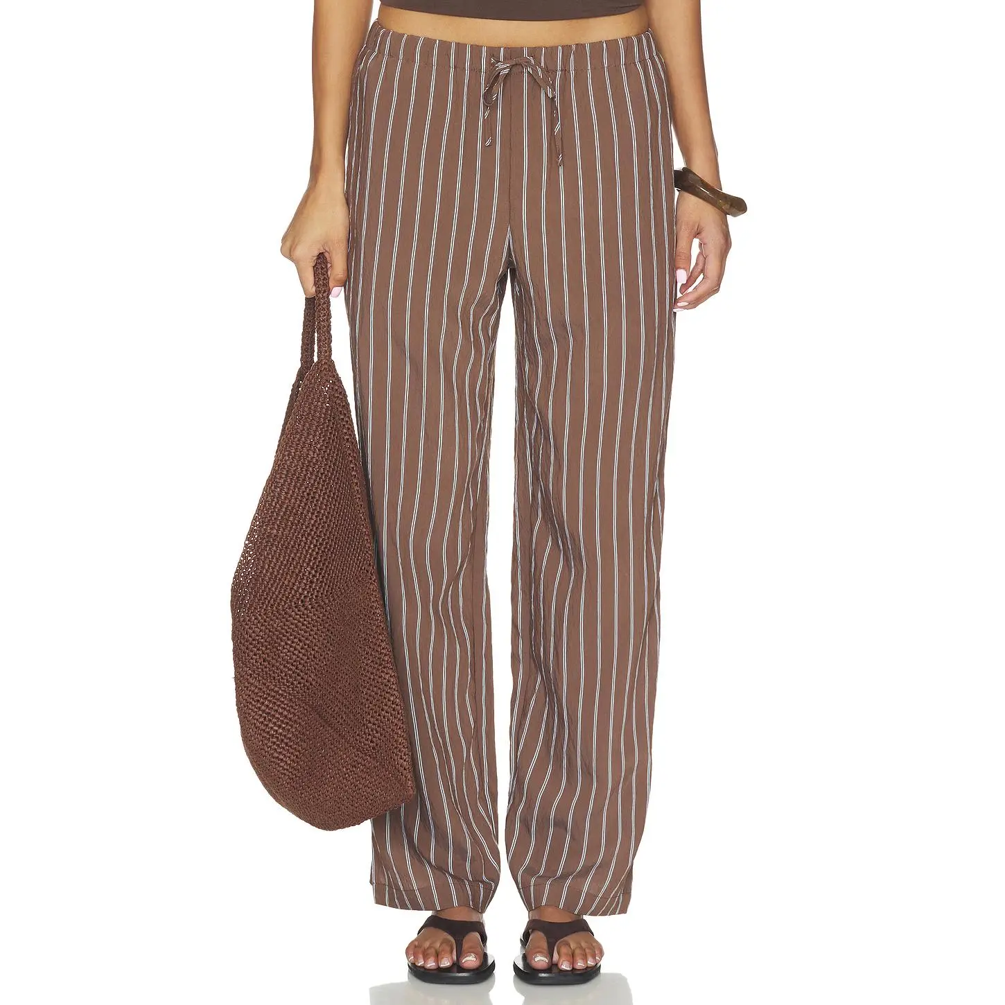 Madewell Elastic Waist Striped Pull- On Pant in Brown Peri Twin Stripe