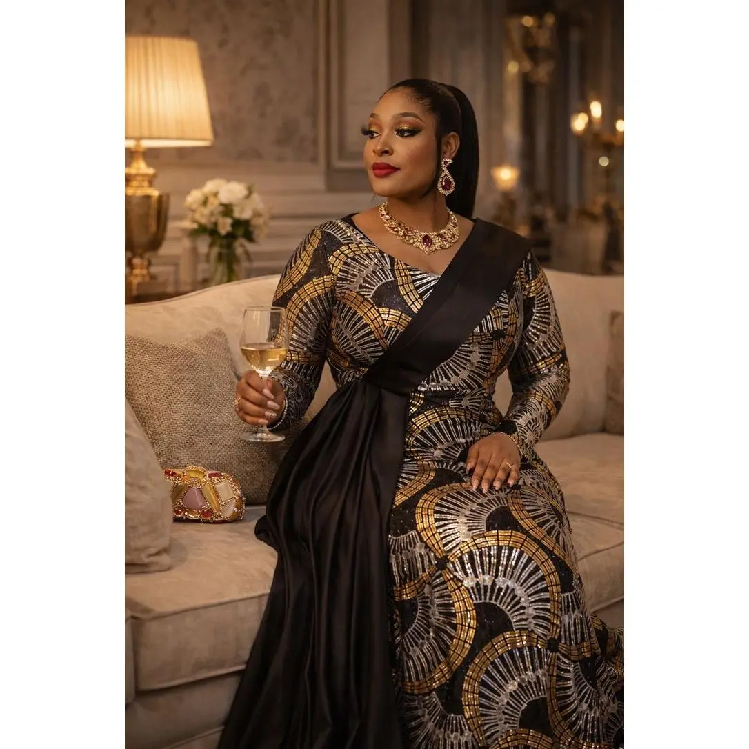 Elegant Black & Gold Sequin Draped Maxi Dress: Wedding Guest Attire Mother  of The Bride Gown Birthday Party Outfit - TikTok Shop