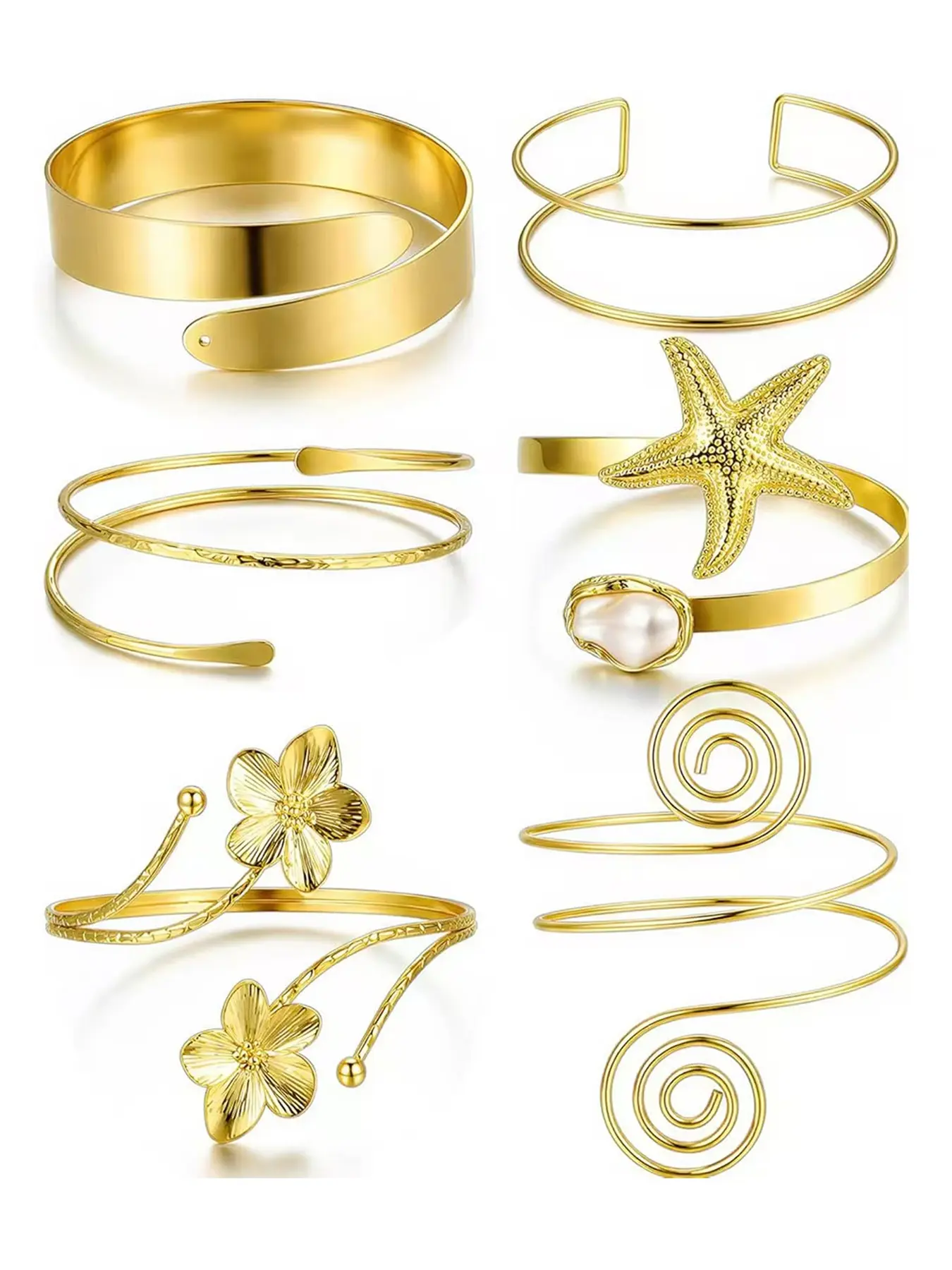 6PCS Gold Arm Cuff Bracelets for Women, Boho Statement Gold Upper Arm Bangle Band Armlet, Open Adjustable Cuff Bracelet Set, Stackable Jewelry