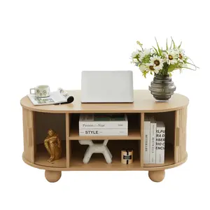 Giratree Oval Coffee Table, Mid-Century Modern Coffee Table with Storage & Sliding Doors, Fluted Coffee Table Center Table for Living Room, Dining Room, Apartment, Home Office