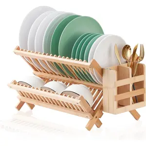 Bamboo Dish Drying Rack, 2 Tier Collapsible Dish Rack with Utensil Holder, Wooden Dish Drying Rack for Kitchen Counter, Large Folding Drying Holder, Dish Drainer