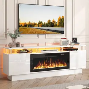 [2 Packages]70" Modern Fireplace TV Stand With 36" Electric Fireplace For TVs Up To 80",Stainless Steel Pipe, Luxury LED-Lit Entertainment Center With High-Gloss Grey Cabinet, Perfect For Living Room, Halloween Decor