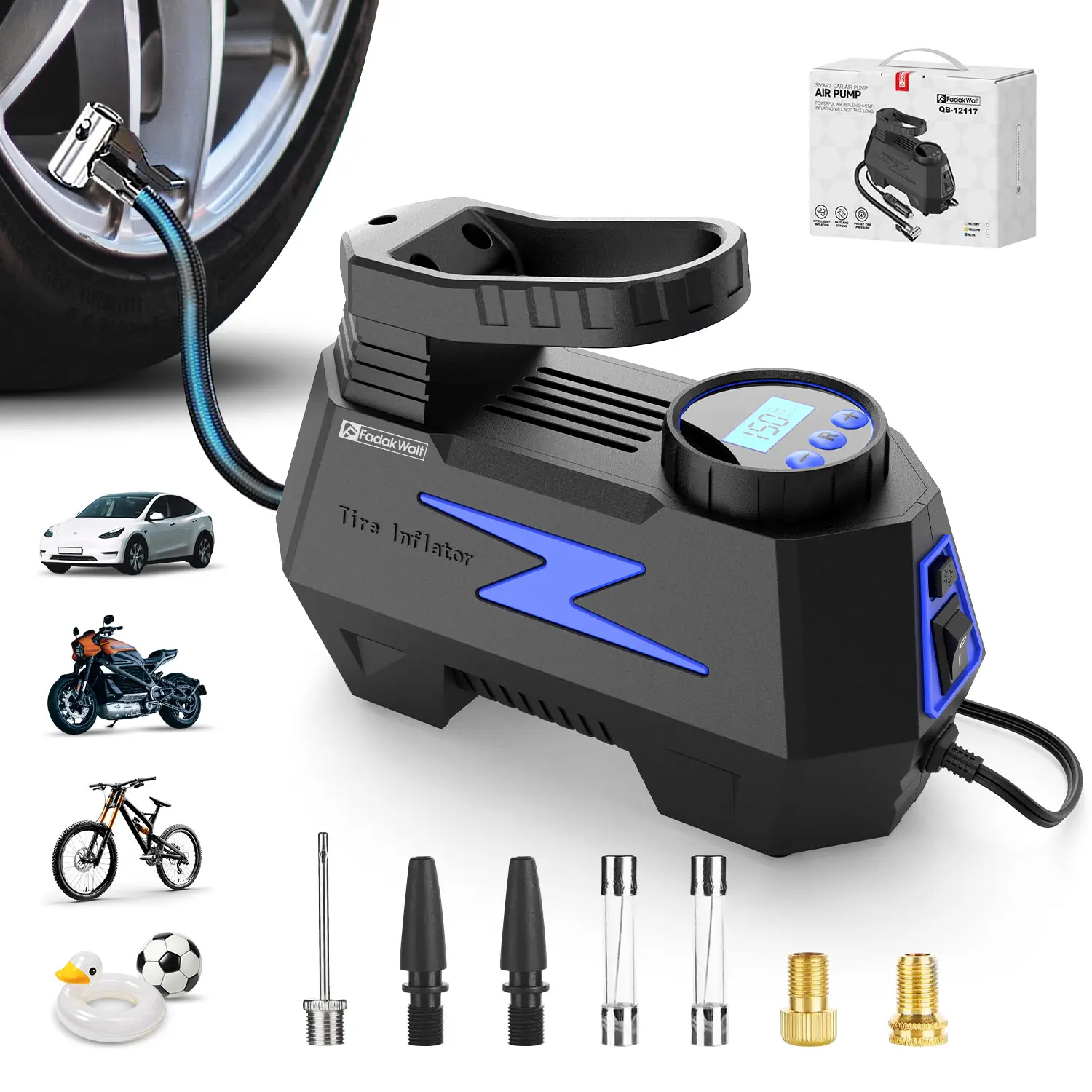 FADAKWALT 12V Vehicle Tire Inflator - 150PSI Digital Gauge, LED Light, Compact Portable Pump, Includes Manual, Pressure Control, Glove-Box Fit for Car/Bike