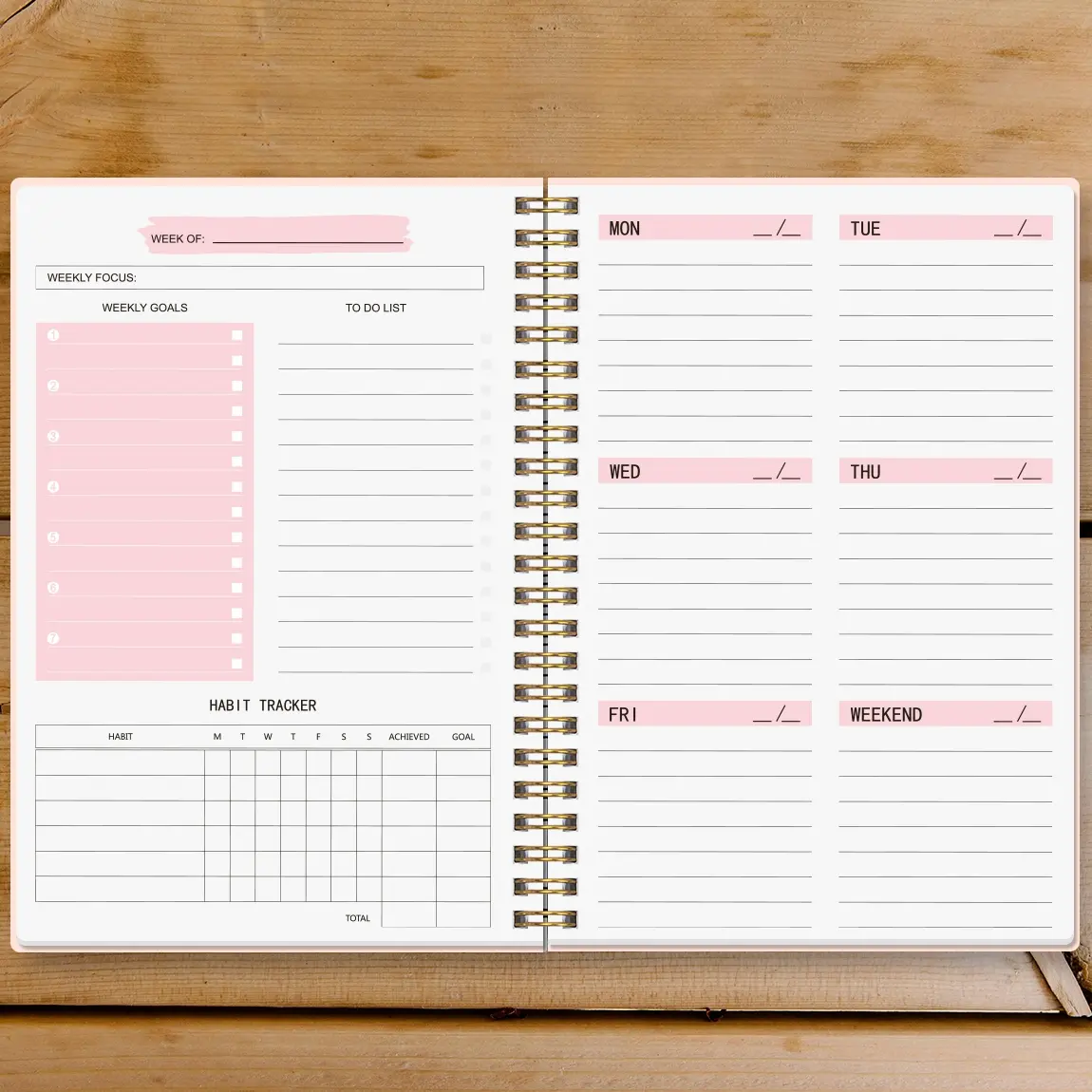 1pc A5 Undated Weekly Planner, Productivity Office Planner with Pink Hardcover, Spiral Bound Organizer Planner Notebook with Weekly Goals, To-Do List & Habit Tracker, Portable Agenda for Work, Study & Life