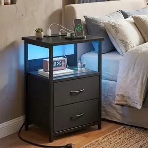 Night Stand with Charging Station, LED Nightstand with U-S-B Ports and Outlets, 2 Fabric Storage Drawers with PU Finish, Small Bedside Table, Black