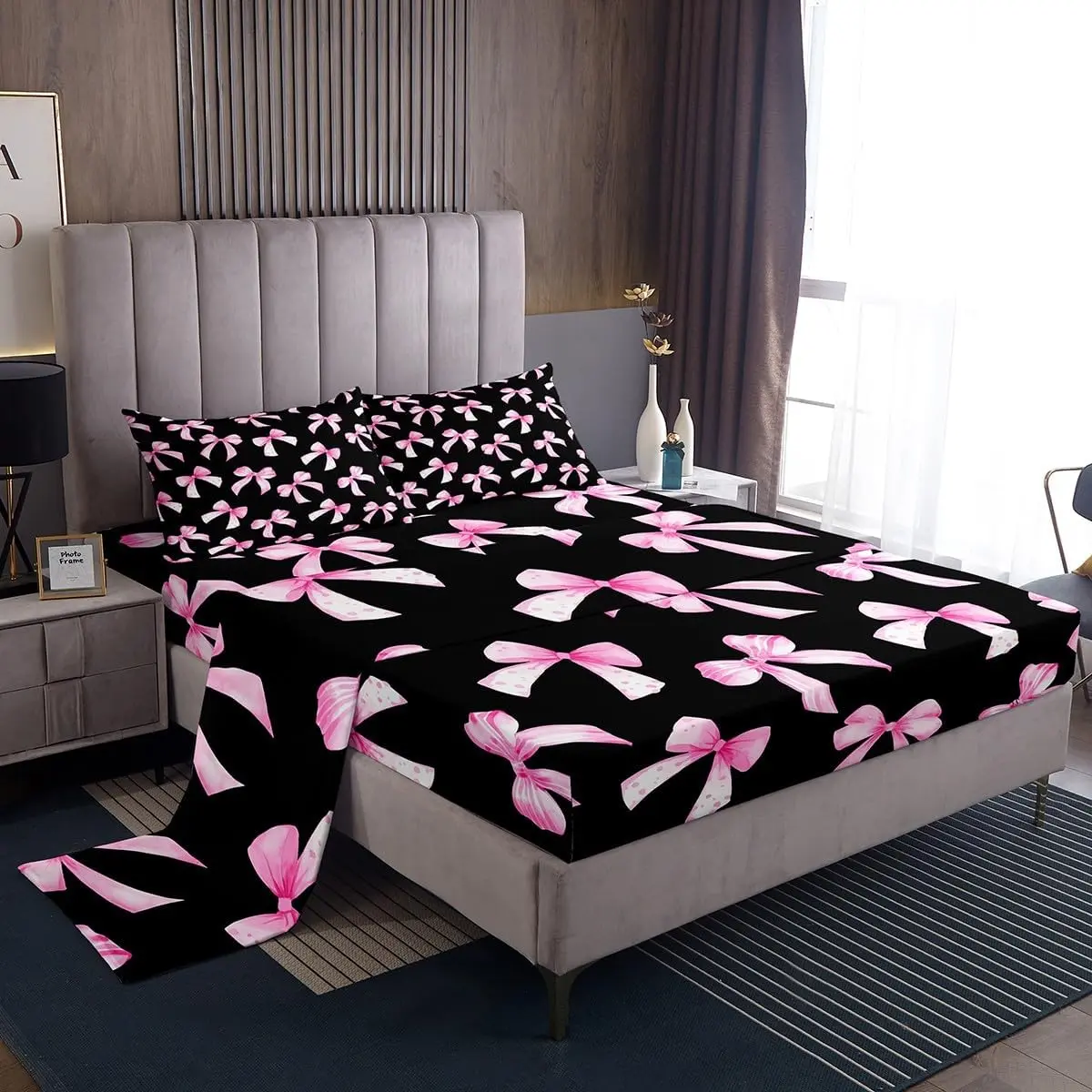 Feelyou Princess-Style Microfiber Bed Sets - Pink and Black Cute Bow Pattern, Breathable, Ultra-Soft, Durable Microfiber Resists Daily Use, Deep Pockets, Elastic Edges Stay Put, Fitted Sheet Bedding Supplies for Princess Room