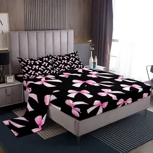 Pink Black Bow Bed Sheets Set,Cute Dreamy Princess Style Sheet Set,Ultra Soft Bow Pattern Sheets with Deep Pocket Fitted Sheet,Bowknot Bed Set
