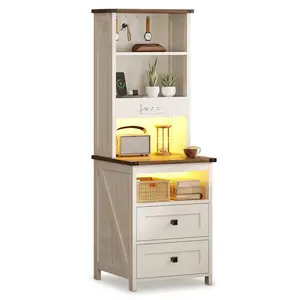 Sikaic Tall Nightstand with Charging Station and Bookshelf White Farmhouse Bedside End Side Table with Led, 2 Drawers, 6 Hooks and Storage Shelves for Bedroom