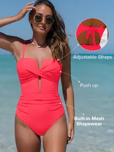 Popvil Solid Color Wrap Front Lace-up One Pieces Tummy Control V-Neck Swimsuit for Vacation,Sculpting Swimsuit,dealsforyoudays