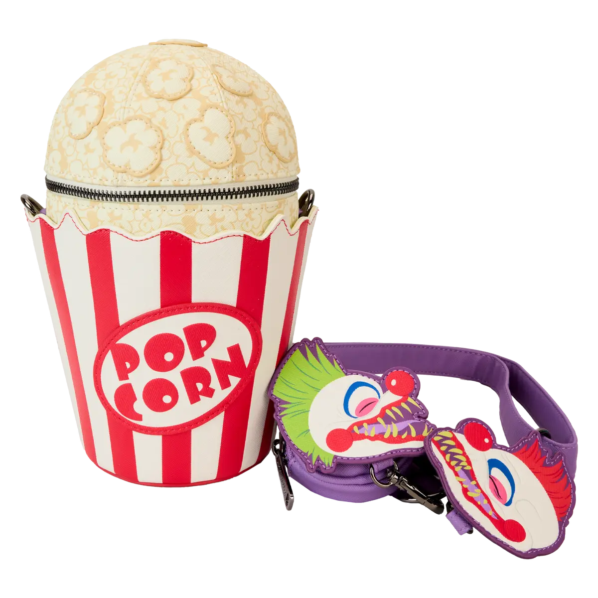 Women's Killer Klowns from Outer Space Glow Figural Polyurethane Crossbody Purse, Casual Trendy Halloween Collectible with Attached Coin Bag, Casual Trendy Bag, Collectibles, Vegan Leather, Popcorn