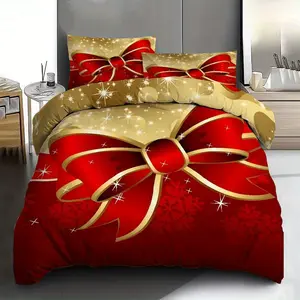3-Piece Holiday Christmas Ribbon Bow Polyester Bedding Set - 1 piece duvet cover + 2 pillow cases, soft and comfortable, red and gold with snowflake print, perfect for all seasons, perfect for family bedroom or guest room decor, Christmas bedding