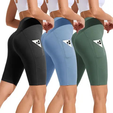 SHOWITTY High Waisted 3 Pack Women's Biker Shorts with Pockets, 11" Plus Size Lightweight Spandex Yoga Workout Running Shorts for Casual Daily Wear