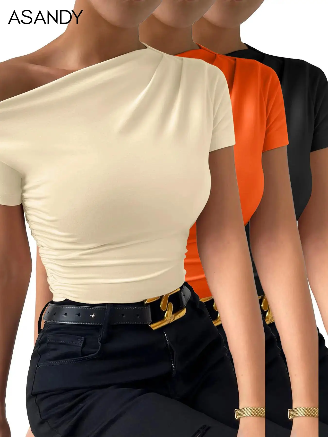 Women's Plain Ruched Asymmetrical Neck Tee, Casual Basic Short Sleeve T-shirt for Summer, Ladies Clothes for Daily Wear, Womenswear