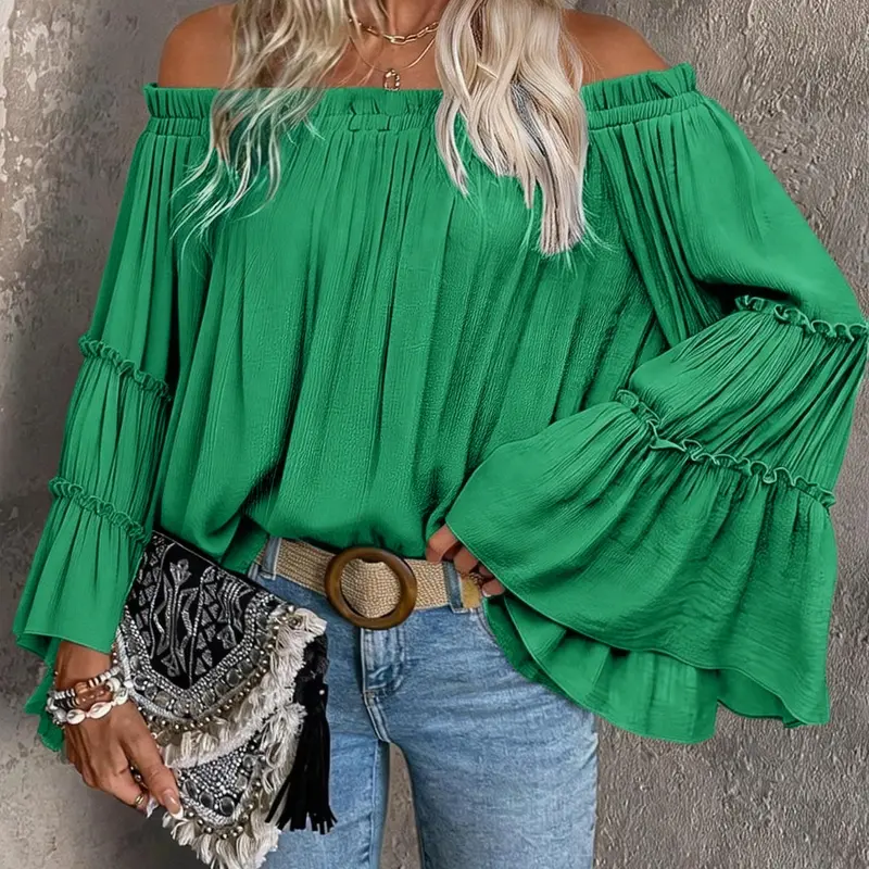 Fashion Basic Plian Off-Shoulder Ruffled Long-Sleeve Green, Blouses Shirts Tops, Shirts, Blouse Top, Lady, Curve Plus Size Loose Casual Elegant Chic Tops, Y2K Clothes Street Style Daily Date Wear Trendy Vacation Outfits Cute Party Wear Womenswear