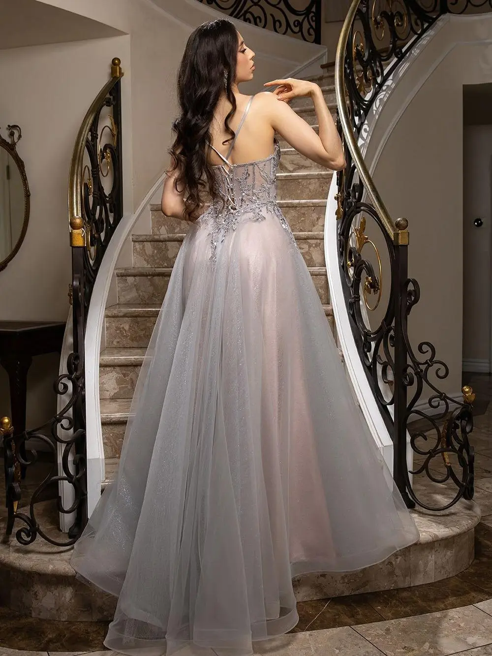 Elegant silver Tulle Ball Gown with Intricate Embroidery and Deep V-Neckline for Formal Events Fabric Outfit