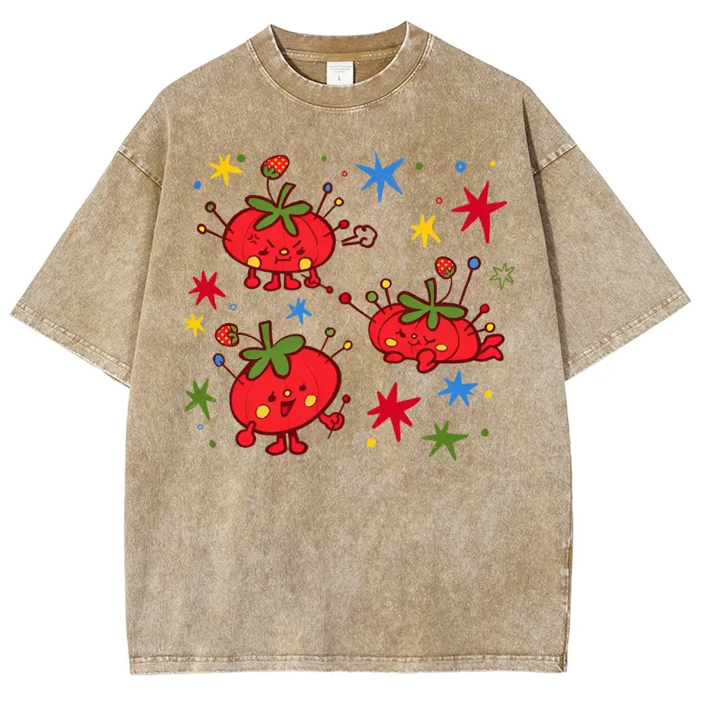 Unisex Vintage Acid Wash Oversized Cotton T-Shirt for Women Men, Funny Cartoon Tomato Colorful Star Graphic Tee, Kawaii Fruit Vegetable Streetwear Crewneck Top