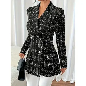 1pc Polyester Elegant Women's Double-Breasted Long Sleeve Blazer - Checkered H-Line Jacket with Button Details for Spring/Autumn