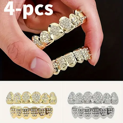 4Pcs Golden Poker Teeth Grillz with Sparkling Cubic Zirconia Stones - Hip Hop Rapper Costume Jewelry, Perfect for Halloween, Parties & Gifts, Copper Material, No Power Needed, Halloween Accessory | Gothic Style Grillz | Copper Base Jewelry