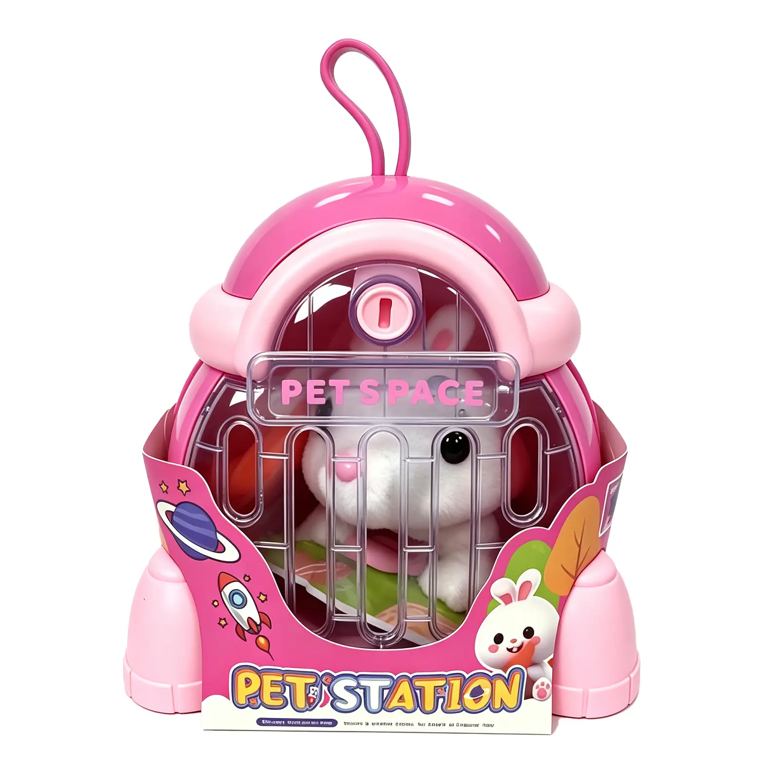 Kids Interactive Electric Bunny Pet Playset, Portable Rocket Shape Carry Cage Walking Plush Rabbit Toy, Pretend Pet Care Feeding Grooming Play Kit, Birthday Gift for Toddler Girls Boys Ages 3-8