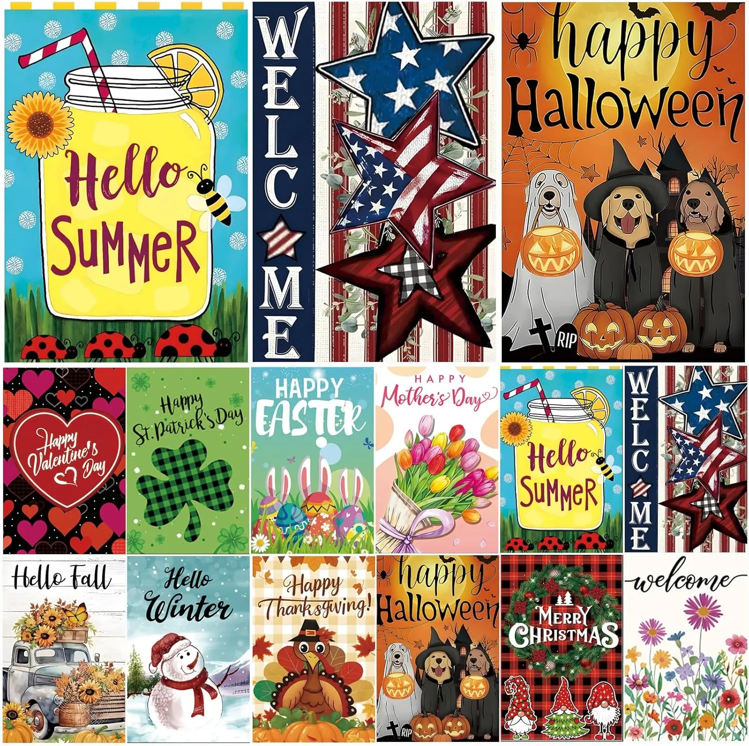 Seasonal Garden Flags Set of 12 Double Sided 12x18 Inch, Small Yard Flags for Outside, Spring Summer Fall Winter & Holiday Outdoor Decor, 4th of July Halloween Christmas Decorations for All Seasons