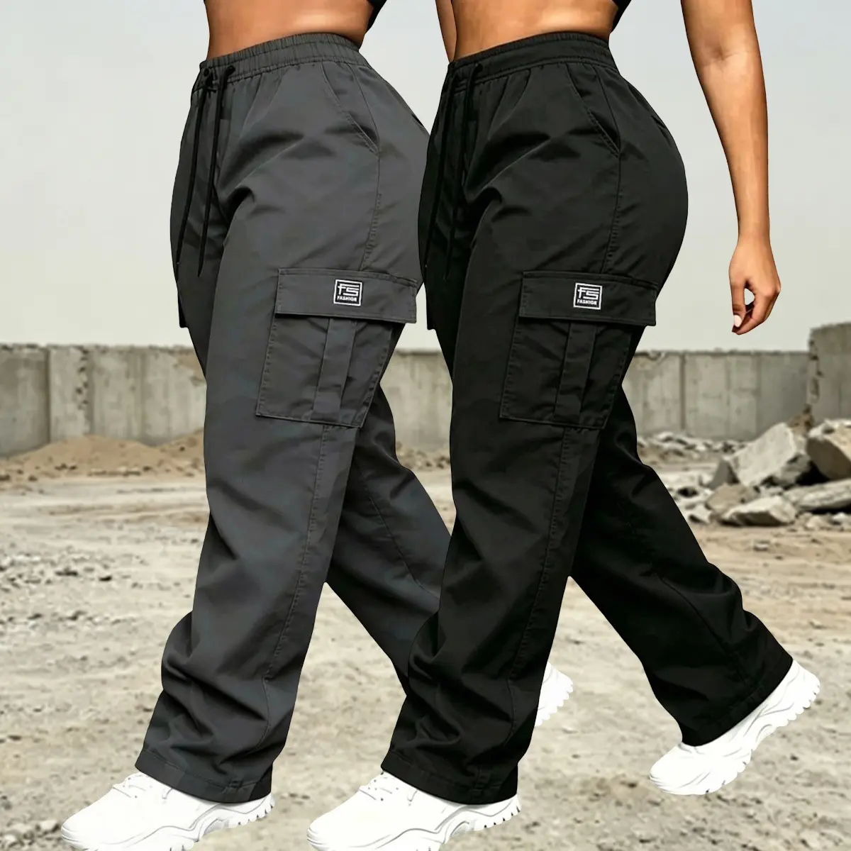 Women’s solid-color cargo pants, 2-pack, featuring an elastic waistband with stretch for easy wear—practical pockets for convenient storage. Suitable for everyday casual wear, outdoor outings, and work; all-season women’s apparel, women’s cargo pants.