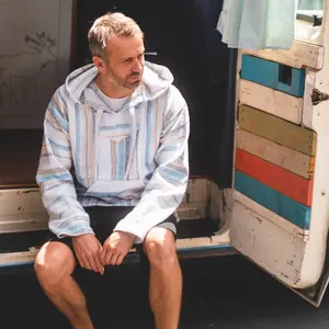 Hoodie Mexican Poncho - Hooded Sweater - White Mexican Hoodie with Black, Yellow, and Blue Stripes