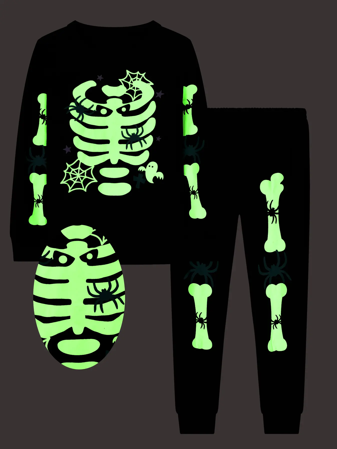 Boys' 2-Piece Glow-in-the-Dark Skeleton Halloween Outfit - Long-Sleeve High-Tight Herringbone Top & Pants Set, Luminous Design, Spooky Season Sleepwear & Costume for 7-Year-Old Boys, Skeleton Print, Glowing Effect