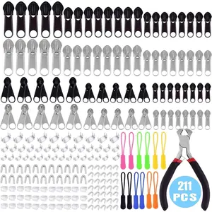 211 Pcs Zipper Repair Kit with Plier for DIY Bags Luggage Backpacks Silver & Black Includes Single Double Zippers Button Parts, gift