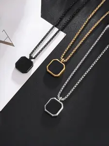 Men's Stainless Steel Square Pendant Necklace, Fashion Necklace, Casual Trendy Jewelry, Geometric Polygon Design, Perfect for Casual & Punk Styles, Ideal Father's Day Gift