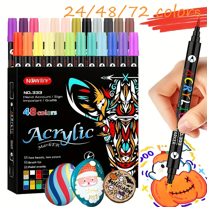 24/48/72Colors Acrylic Paint Markers Pen, Dual Tip Acrylic Paint Markers with Brush And Fine Tips for Adults, Wood, Stone, Rock Painting, Glass, Ceramic Surfaces, DIY Crafts Making.School supplies, Acrylic Markers, Markers For Coloring