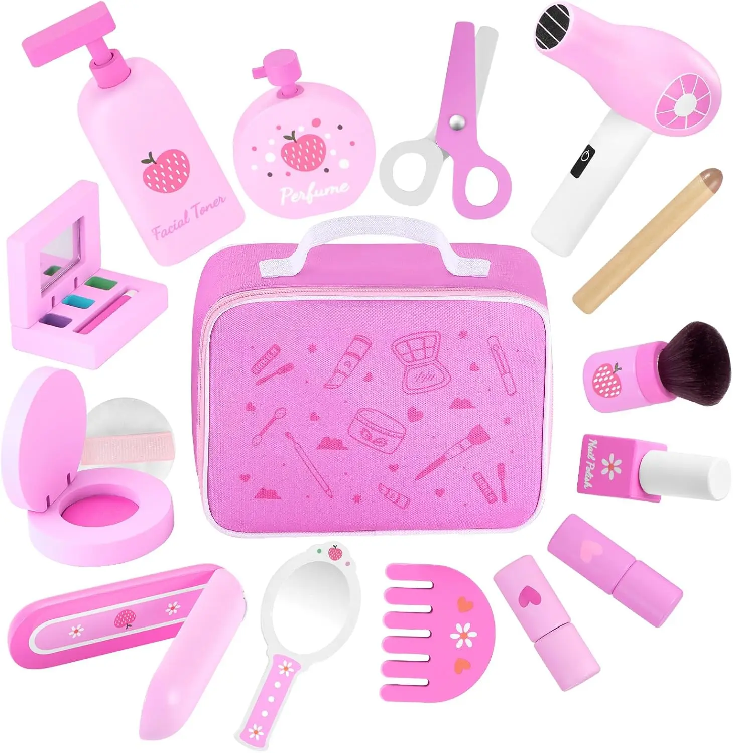 GAGAKU Wooden Kids Pretend Play Vanity Makeup Set with Perfume, Nail Polish, Eyebrow Pencil, Straightener, Powder Puff & Styling Tools, Indoor Toy for 3-7 Year Old Girls, Ideal Christmas-Birthday Gift for Daughter