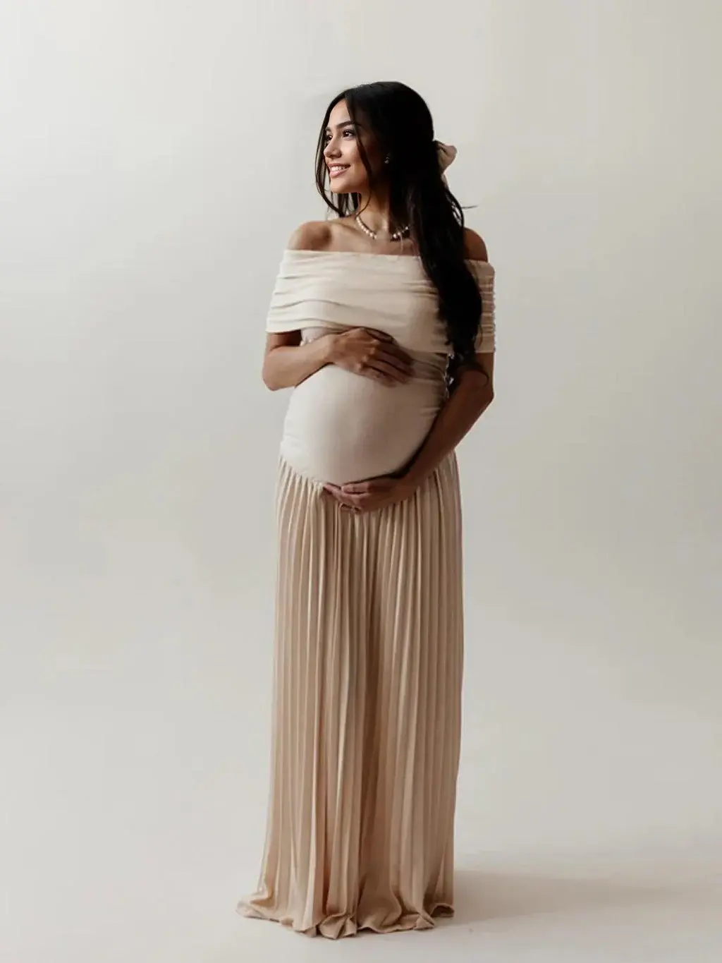 Elegant Solid Maternity Off-Shoulder Ruched Maxi Dress with Flared Hem for Baby Shower and Pregnancy Photoshoots, Maternity Outfits, Baby Shower Dresses, Below Ankle, Polyester Fits, Ruched Detail, Bell Mouth Hem, Pregnant, Photography, Baby On The Way, E