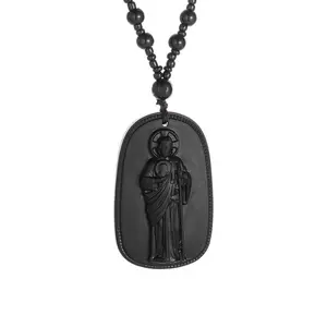 Classic Obsidian Catholic San Benito Statue Pendant Necklace for Men Women St. Benedict Prayer Exorcism Amulet Jewelry