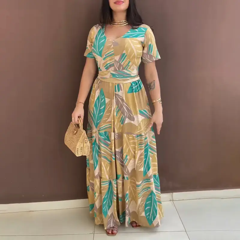 CHICME Women's Plants Print Short Sleeve Tied Detail Maxi Dress Casual Waist Flowy A Line Dress/Summer Dress