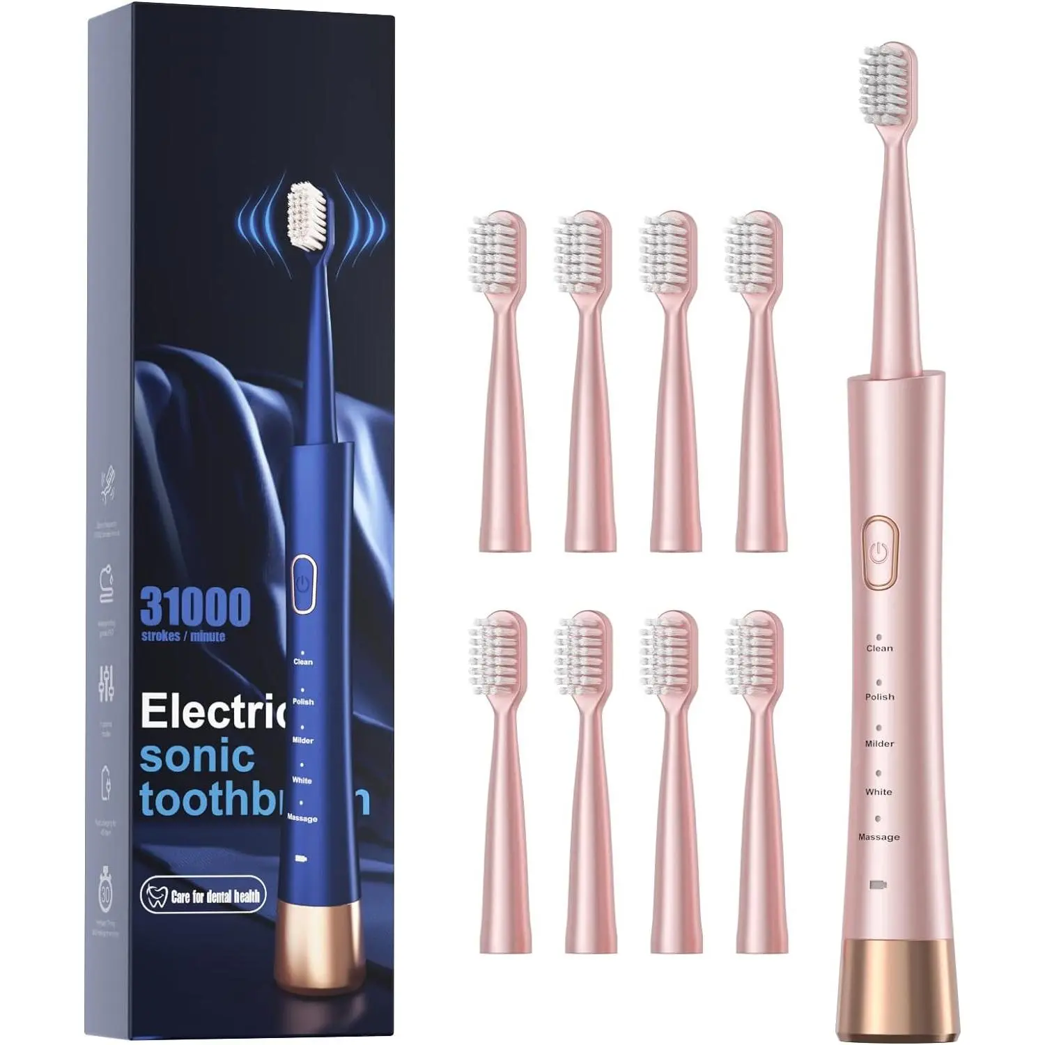 Adult Sonic Electric Toothbrush, USB-Rechargeable Soft Toothbrush with 5 Modes for Teeth Whitening & Sensitive Oral Care, Waterproof, 8 Brush Heads, Water Proof, Cleansing, Power Toothbrush
