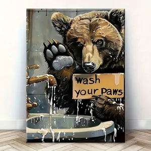 Single-piece framed canvas artistic artwork, featuring a bear design with a soap dispenser to encourage foot washing. This unique solid wood framed painting can be used as a rustic wildlife Wall decoration, suitable for home and office
