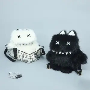 Fashion backpack faux fur animal theme casual backpack with detachable shoulder strap, polyester lining, practical pockets and zipper closure, soft shell cat design