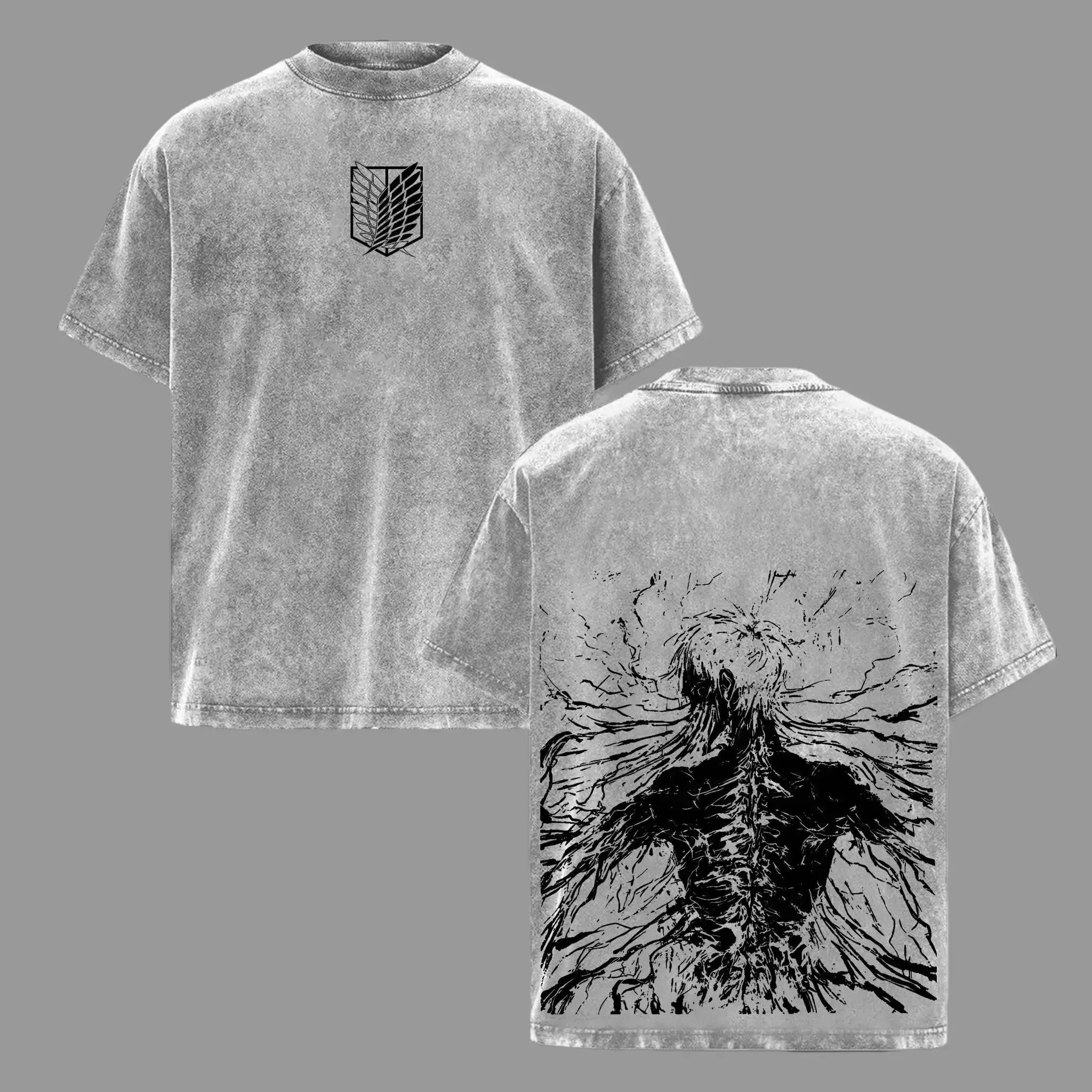 Men's Oversized Retro Vintage Limited Attack On Titan Founding Titan Eren Yeager Double-Printed Acid-Washed Cotton T-Shirt, Unisex Breathable Seamless Apparel, Lightweight Black Anime Merchandise, Classic, Relaxed, Attack On Titan Graphic Men's Short-Slee