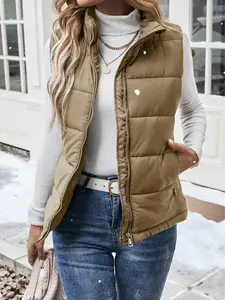 Women's Lady Casual Basic Zipper Closure Stand Collar Padded Puffer Vest Top, Warm For Autumn/Winter Clothes
