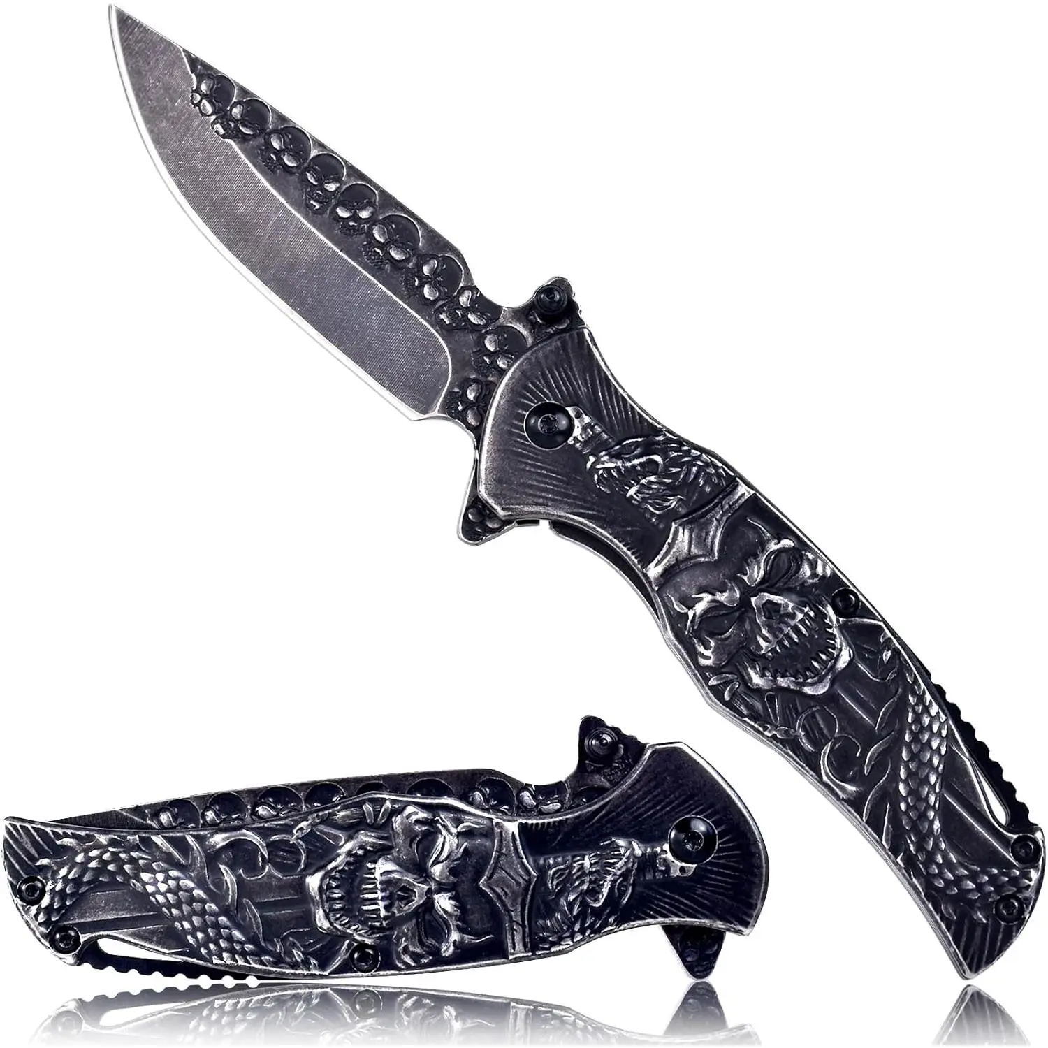 Pocket Knife, Cool Pocket Folding Knife, 3D Embossed SKULL EDC knife For Men festival Christmas Gift Outdoor Survival Camping(Black)